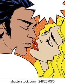 Pop Art Comic colorful Illustration with various speech bubbles. Kissing couple. St. Valentine's Day Concept.