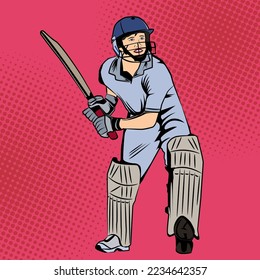 Pop Art Comic Cricket Player Vector Illustration