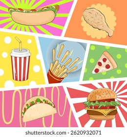HQ de arte pop de fast food mão desenhando ilustração vetorial.