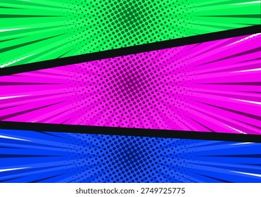 Pop art comic frame background with green, purpel,blue dotted burst explosion	