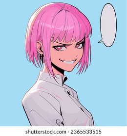 Pop art comic frame with pink-haired anime woman on a blue background.