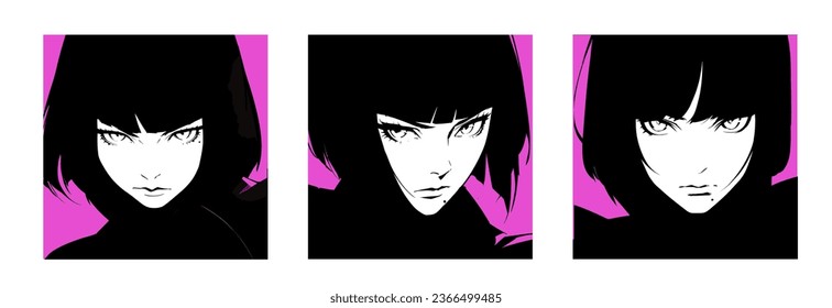 Pop-Art Comic-Rahmen mit schwarz-haariger Anime-Frau.