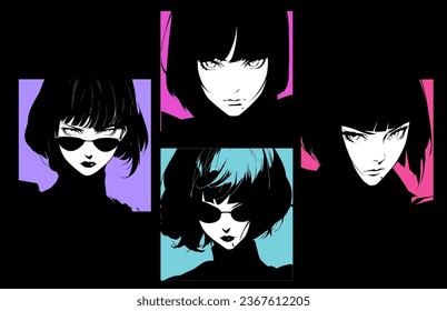 Pop art comic frames with dark-haired anime woman.