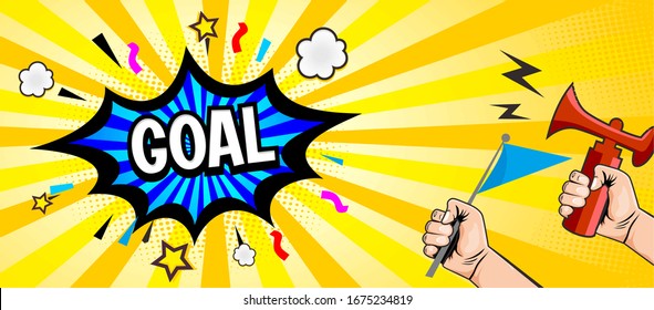 pop art comic goal with hand, air horn and flag isolated on yellow burst background