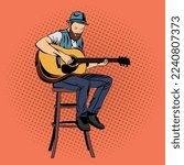 Pop Art Comic Guitar Player Playing Guitar Vector Illustration