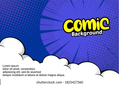 Pop art comic halftone background with cloud and bright. Cartoon Vector Illustration on blue