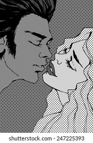 Pop Art Comic Illustration in black and white. Kissing couple. St. Valentine's Day Concept.