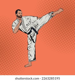 Ilustración de material vector de historieta de arte pop Karate Man