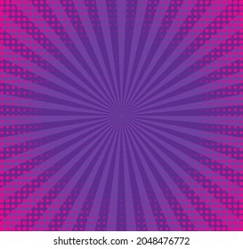 Pop art comic pattern. Halftone background. Purple starburst dotted print. Cartoon texture. Geometric duotone banner with half tone effect. Gradient design. Vector illustration. Superhero backdrop