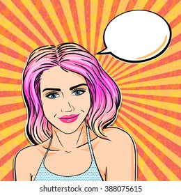 Pop art comic pink hair woman smiling with speech bubble for message. Bright young retro girl thinking.