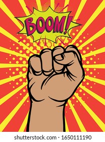 Pop Art Comic Poster mit Boom gekleidet Hand Faust Macht menschliche Hit Vektorillustration Illustration. Faust macht Streik und Boom in Explosionsblase auf Retro-Pop-Kunst, die auf aggressiven roten und gelben Hintergrund gerissen.