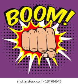 Pop art comic poster with boom clenched hand fist power human hit vector illustration