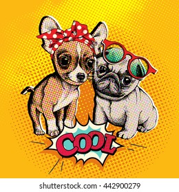 Pop art comic poster with the image of a Puppies Chihuahua and a Pug. Vector illustration.