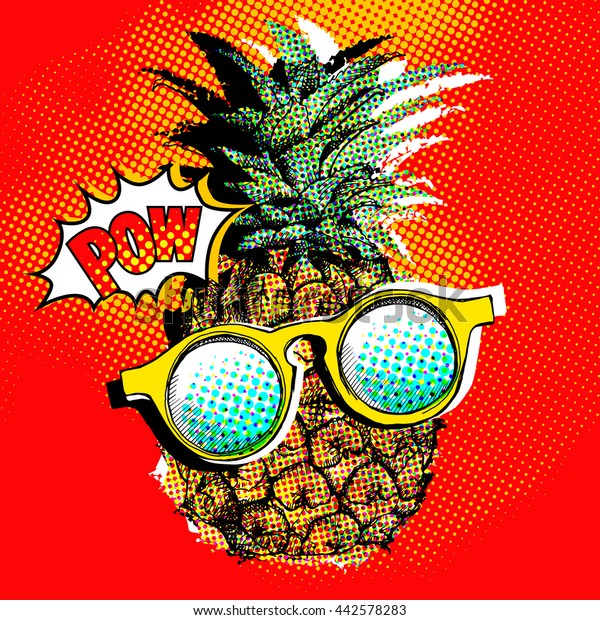 Pop Art Comic Poster mit dem Bild einer Ananas mit einer Brille