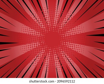 Pop-Art Comic Strahlung Hintergrund Blitzschlag Halbton Punkte. Cartoon-Vektorgrafik auf Rot illustriert