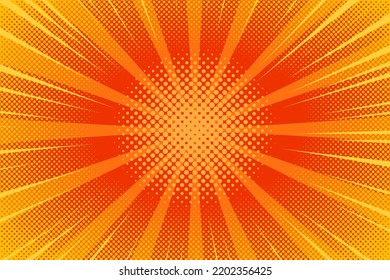 Pop art comic red yellow background with halftone, rays, gradient. Vector cartoon illustration in retro style. Design for comic book, poster, banner