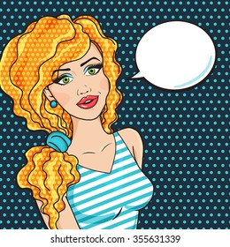 Pop Art Comic RedHead Woman with thinking cloud. Modern young summer girl smiling.