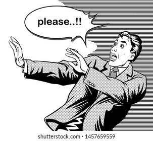 Pop art comic retro scared men.Vector illustration.Black and white images separated from the background