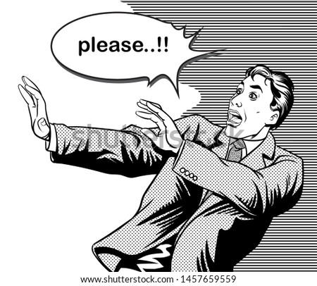 Pop art comic retro scared men.Vector illustration.Black and white images separated from the background