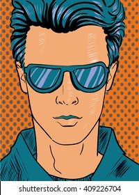 Pop art comic retro style illustration. Vector. Fashion man in glasses serious.