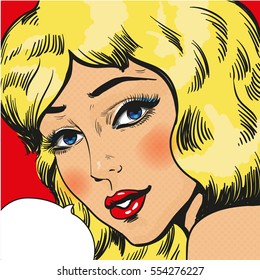 Pop art comic retro style blond beautiful woman with speech bubble and blue eyes