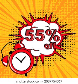 Pop art comic sale discount promotion banner. 55 percent off. Comic text 55 percent sale set discount. Promo sale fifty five percent poster