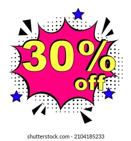 Pop art comic sale discount promotion banner. 30 percent off. Comic text 30 percent sale set discount. Promo sale thirty percent poster