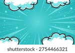 Pop Art Comic Sky Background with Clouds and Halftone Radial Burst Vector Illustration