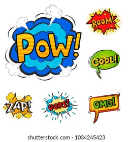 Pop art comic speech bubble boom effects vector explosion bang communication cloud fun humor book splash illustration.