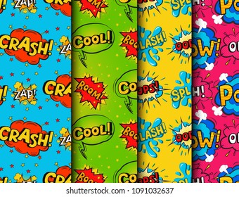 Pop art comic speech bubble boom effects vector explosion bang communication cloud fun humor book splash seamless pattern background illustration.