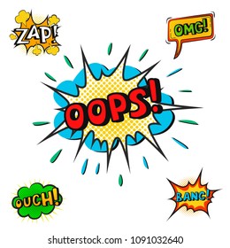 Pop art comic speech bubble boom effects vector explosion bang communication cloud fun humor book splash illustration.