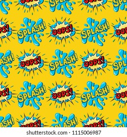 Pop art comic speech bubble boom effects vector explosion bang communication cloud fun humor book splash seamless pattern background illustration.