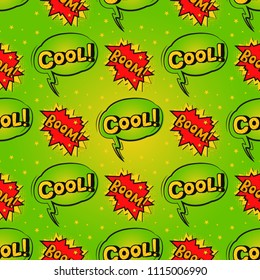 Pop art comic speech bubble boom effects vector explosion bang communication cloud fun humor book splash seamless pattern background illustration.
