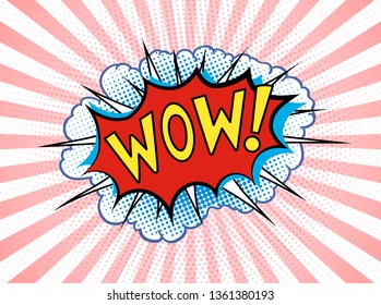 Pop art comic speech bubble with text Wow stripes and clouds. Vector bright dynamic cartoon illustration in retro magazine style with halftone effects.