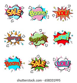 Pop art comic speech bubble boom effects vector explosion bang communication cloud fun humor illustration