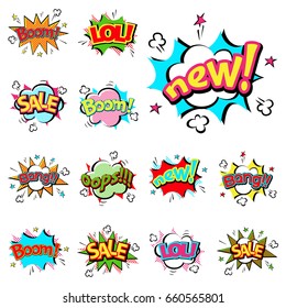 Dibujo cómico pop boom efectos vectoriales explosión explosiva comunicación nube diversión ilustración del humor