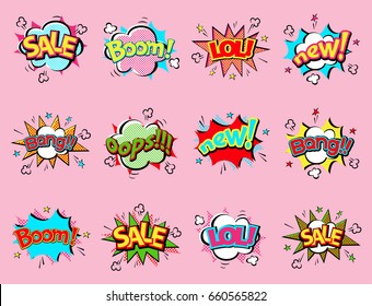 Pop art comic speech bubble boom effects vector explosion bang communication cloud fun humor illustration
