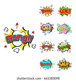 Pop art comic speech bubble boom effects vector explosion bang communication cloud fun humor illustration