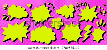 Pop art comic speech bubbles on vibrant pink halftone backdrop. Blank cool dynamic frames with impact effects, starbursts and action lines. Editable empty bubbles for manga, memes and creative designs