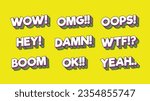 Pop Art Comic Speech Text different emotions and text. wow, omg, oops, hey, damn, wtf, boom, ok, yeah. 