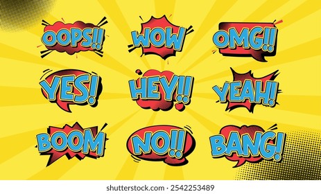 Pop Art Comic Speech Text emoções e textos diferentes. uau, omg, oops, sim, hey, yeah, boom, no, bang.