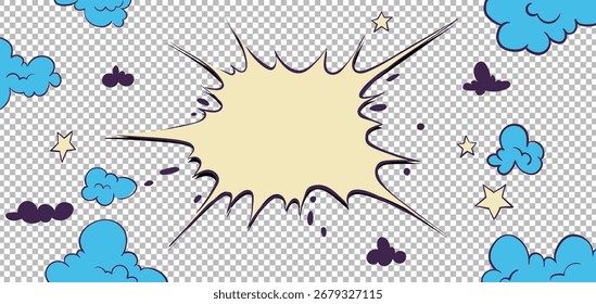 Pop art comic starburst. Patrón de semitono cómico con nubes y estrellas. Anuncio de dibujos animados con burbuja de discurso.  Estampado de superhéroes de dibujos animados. Ilustración vectorial