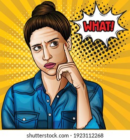 pop art comic style cartoon vintage looking young woman thinking and holding finger on her face