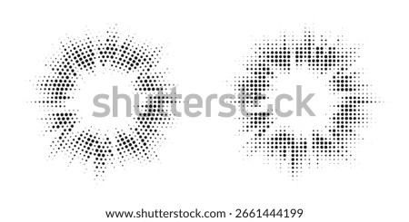 Pop art comic style dotted circle set. Abstract dotted circles, round halftones geometric dots, pop art texture. Illustration halftone effect round shape.