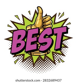 Pop art comic style explosion background featuring golden thumb up hand symbol representing success achievement and award