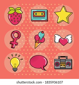pop art comic style, fashion retro flat icons set vector illustration