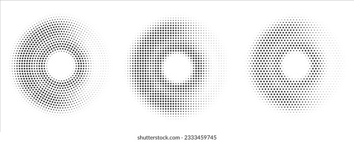 Estilo de comic pop art gradiente círculo conjunto de semitonos. Resumen del marco de medio tono aislado en el fondo blanco. Elemento de diseño con puntos.