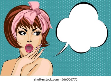 Pop art comic style surprised woman with speech bubble, pin up girl portrait, vector illustration background