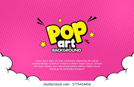 Pop art Comic Style Vector Background. with Cloud and Yellow Stars on Pink halftone background.