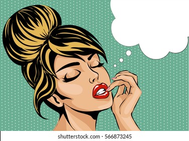 Pop art comic style woman with close eyes dreaming, vector illustration
